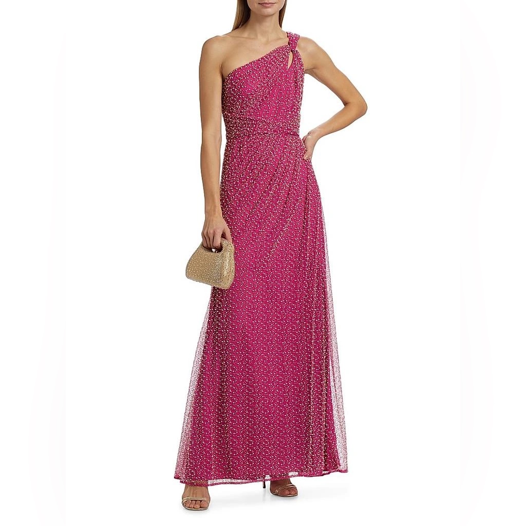 Theia Amber Twist One-Shoulder Beaded Gown In Fuchsia Pink